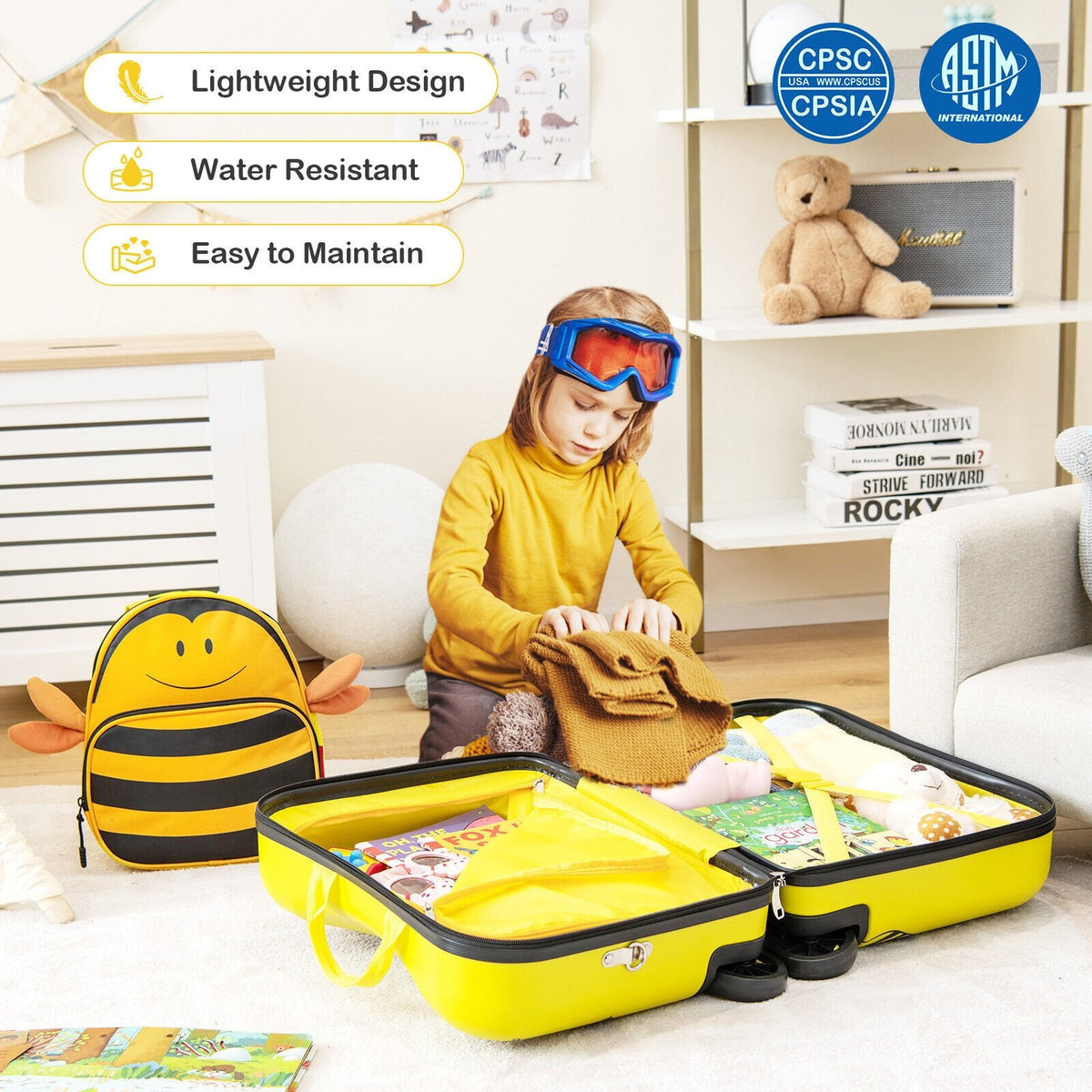 2-teiliges Kinderkofferset zum Draufsitzen, 18 Zoll, mit Spinner-Rollen und Bienenmuster – Gelb
