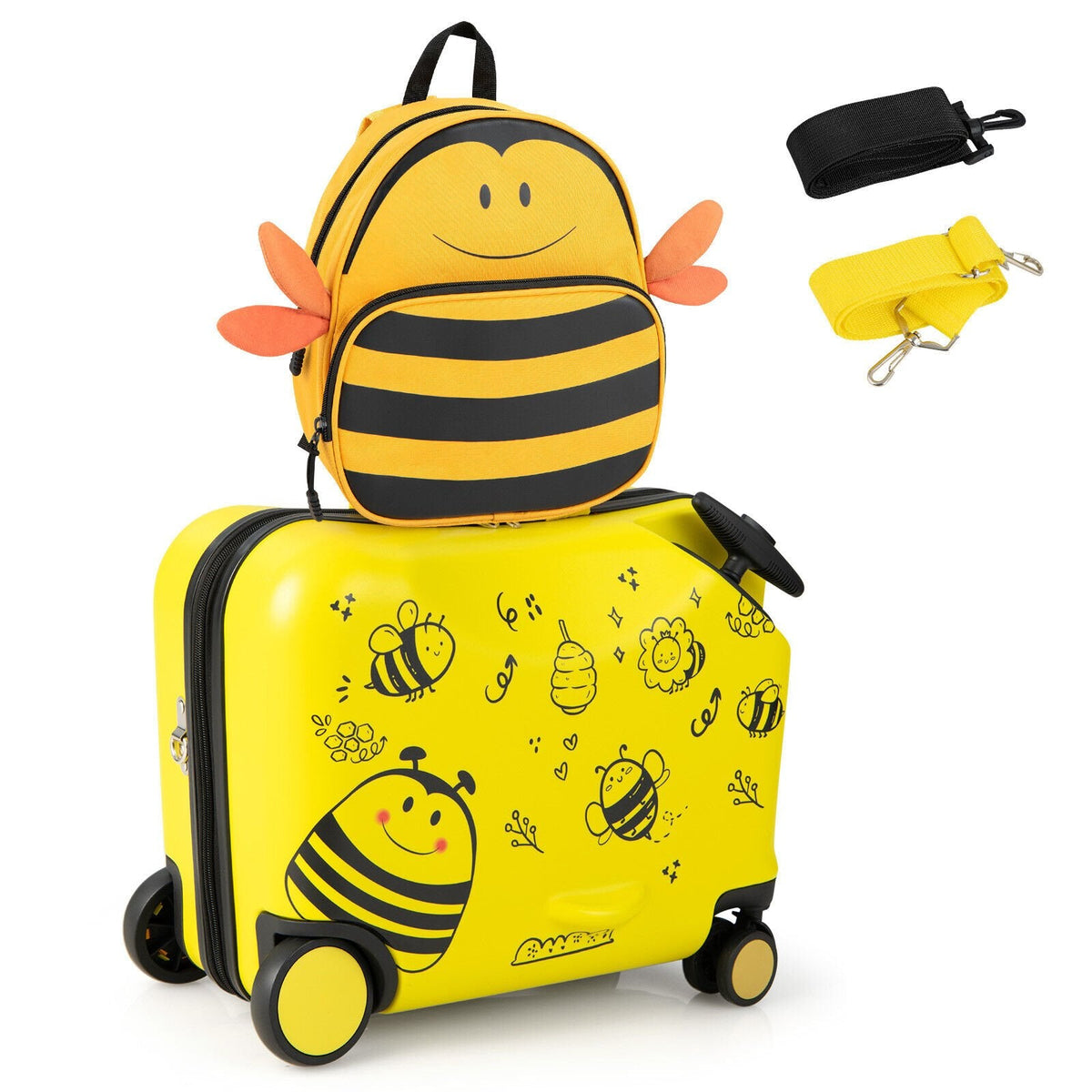 2-teiliges Kinderkofferset zum Draufsitzen, 18 Zoll, mit Spinner-Rollen und Bienenmuster – Gelb