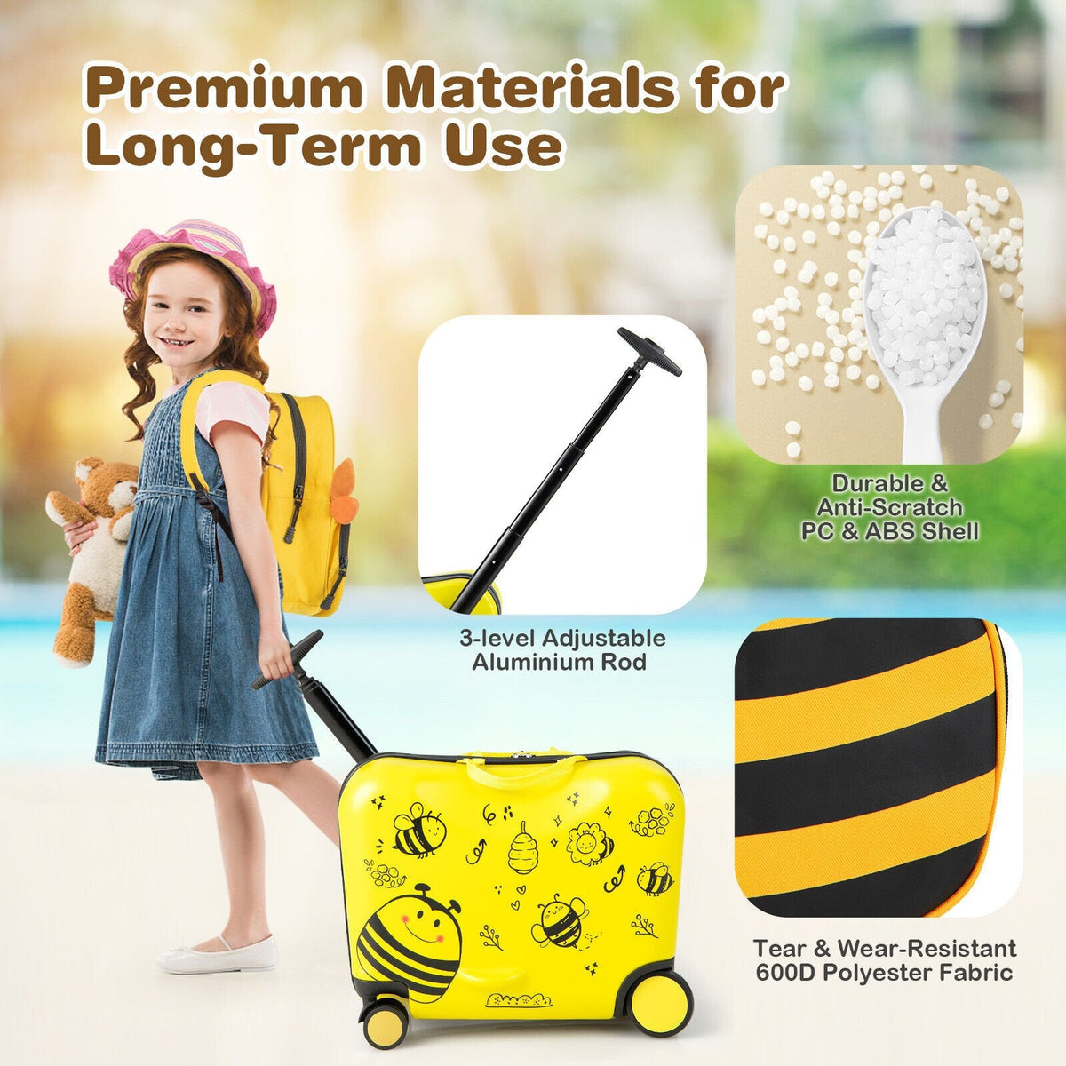 Juego de 2 maletas infantiles con ruedas giratorias para montar, de 18 pulgadas, con diseño de abeja, color amarillo