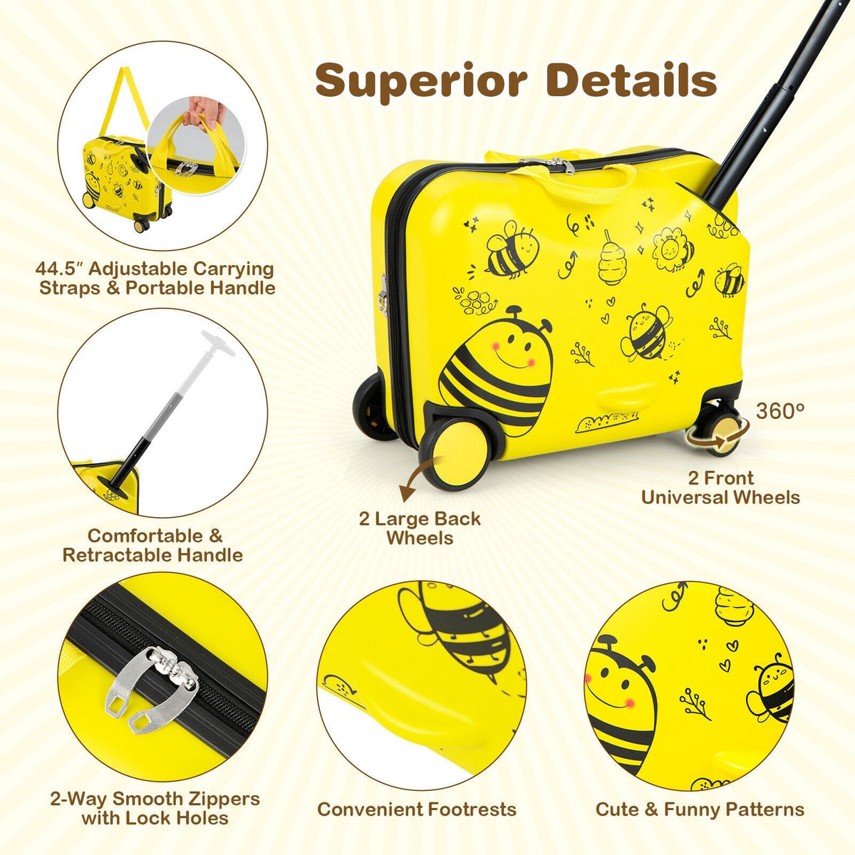Juego de 2 maletas infantiles con ruedas giratorias para montar, de 18 pulgadas, con diseño de abeja, color amarillo