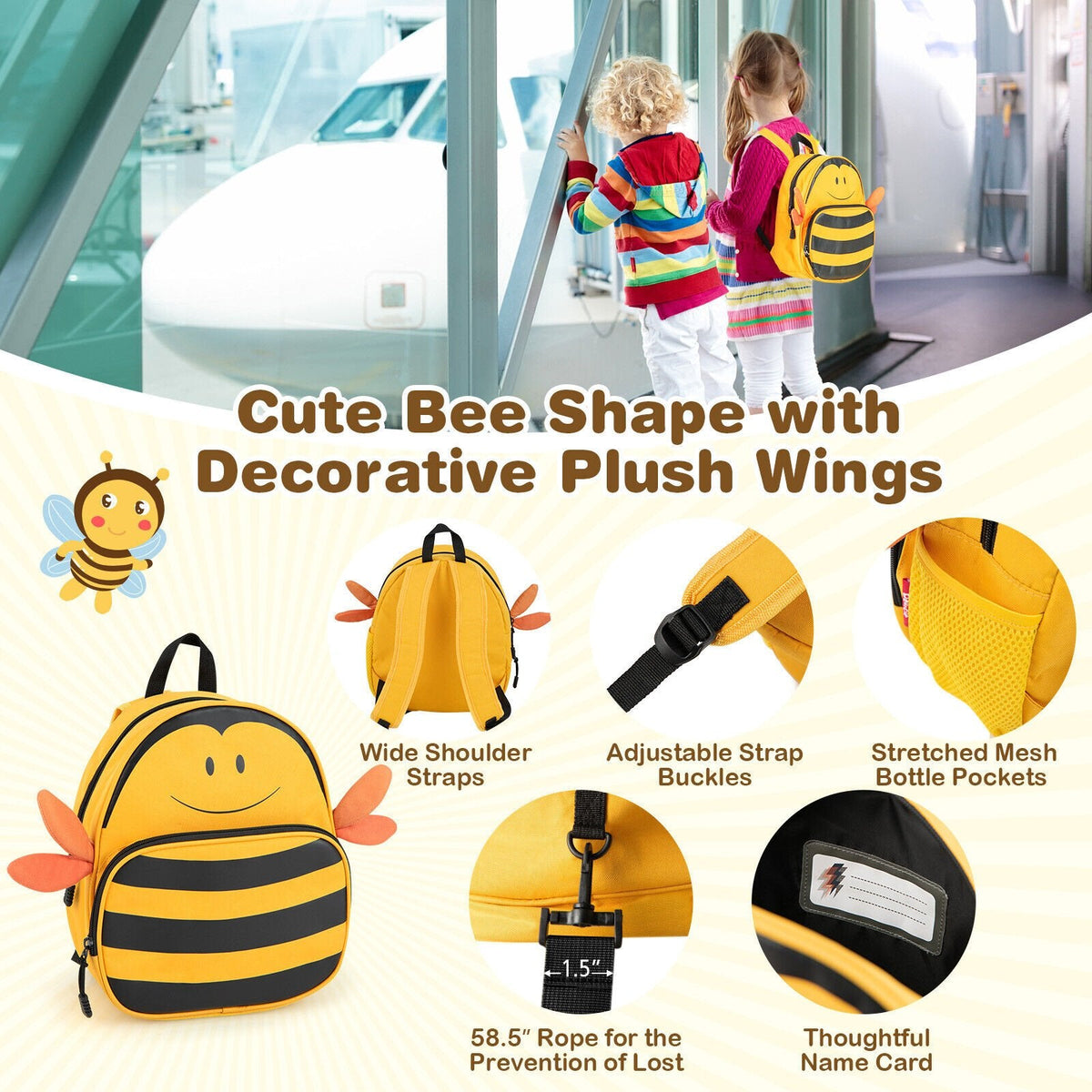 Juego de 2 maletas infantiles con ruedas giratorias para montar, de 18 pulgadas, con diseño de abeja, color amarillo