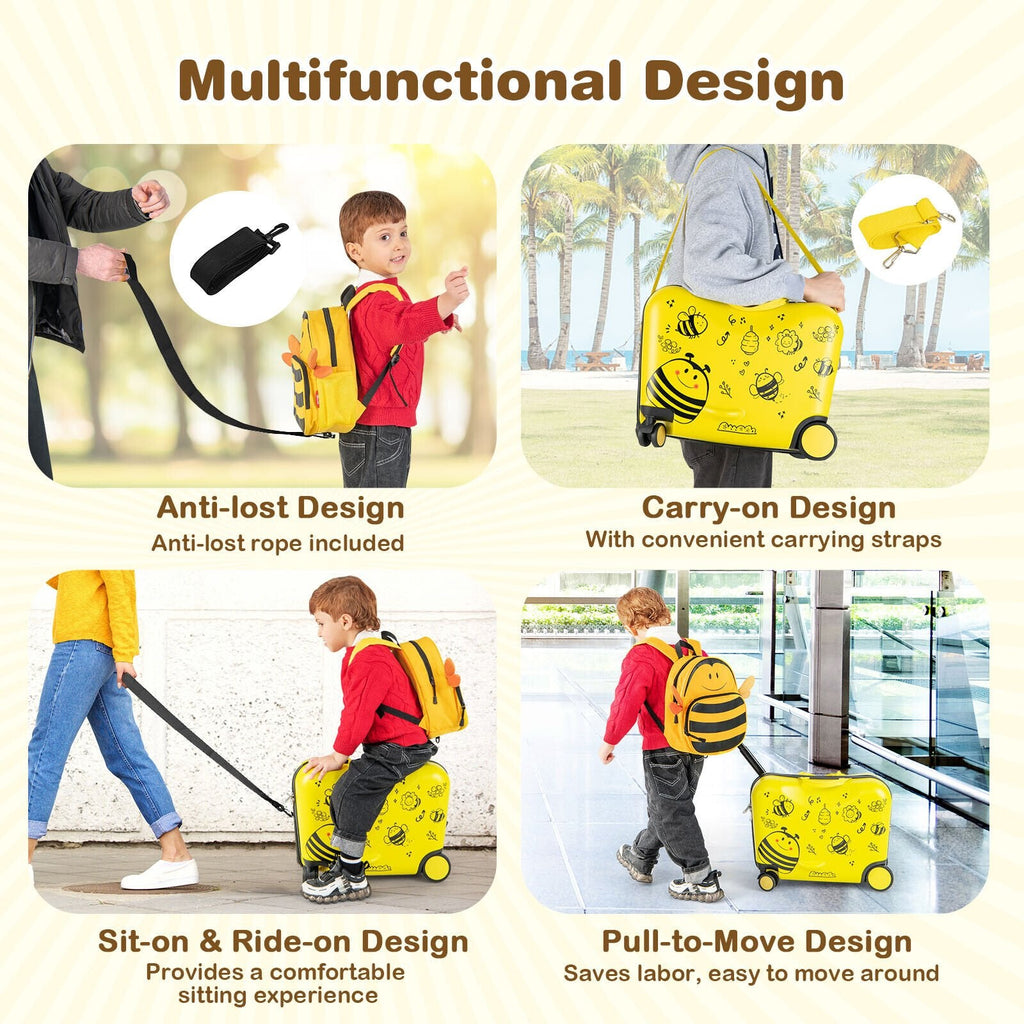 Juego de 2 maletas infantiles con ruedas giratorias para montar, de 18 pulgadas, con diseño de abeja, color amarillo