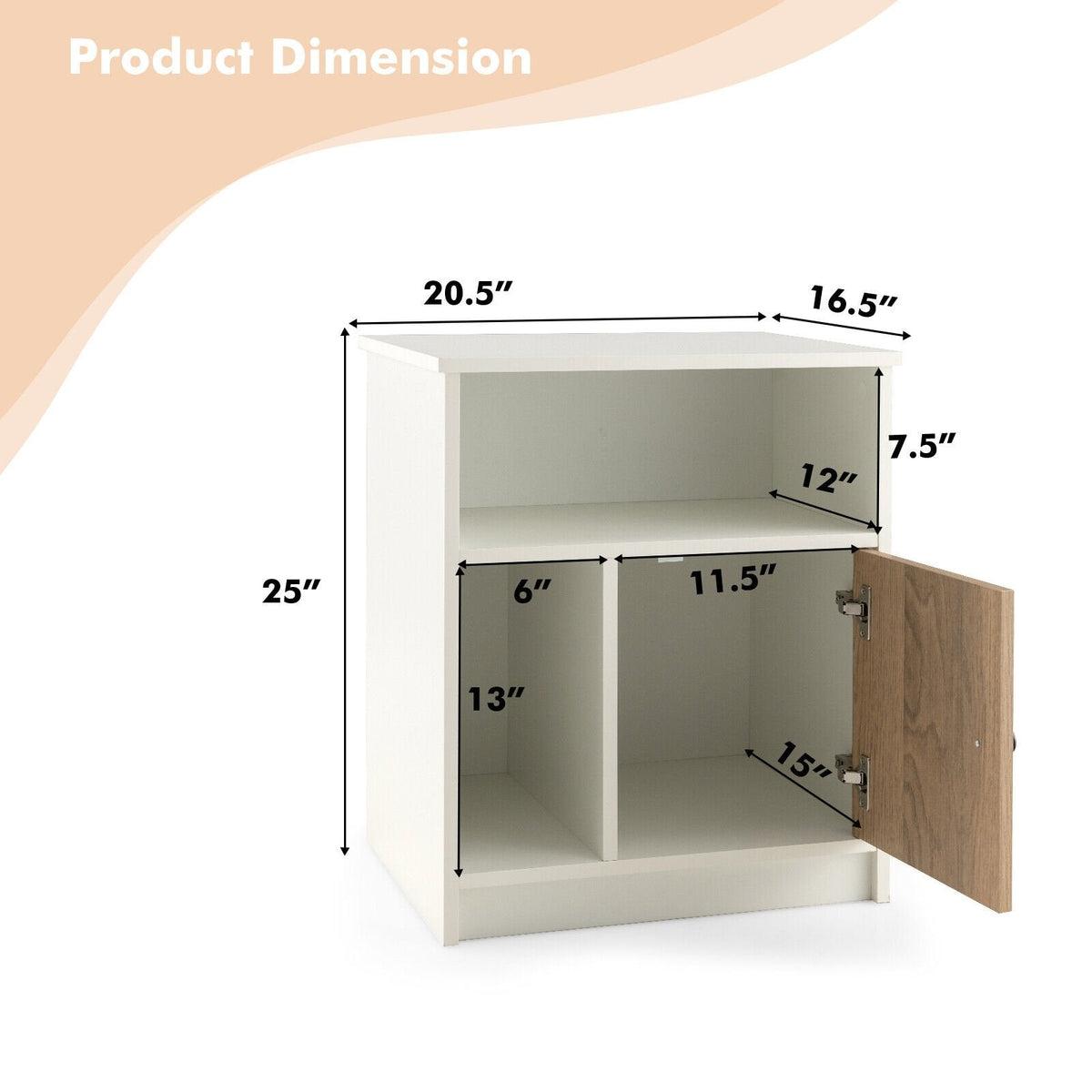 2 Piece 25 Inch Tall Nightstands with Door and 2 Open Shelves, White