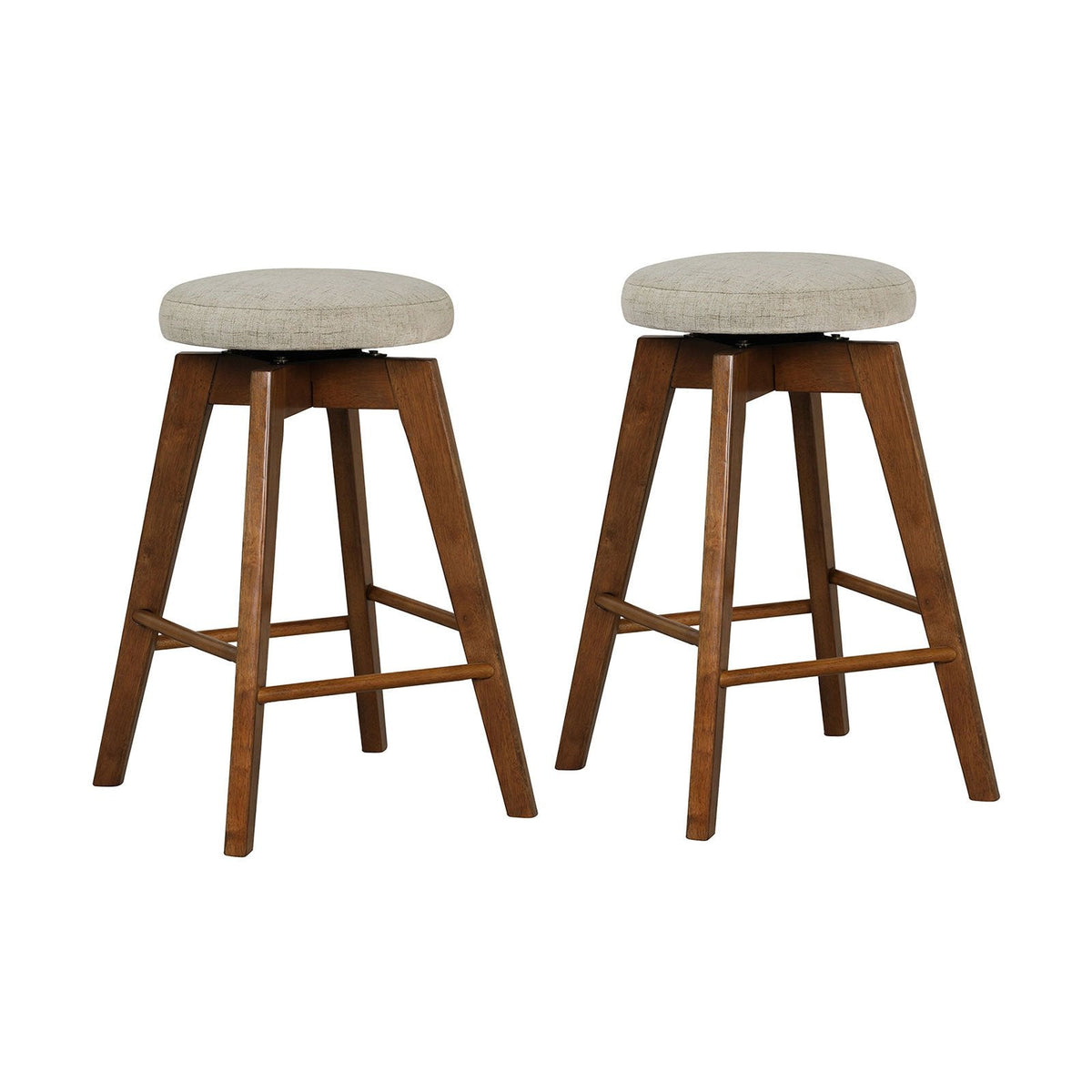 2er-Set rückenfreie drehbare Barhocker mit beigefarbenen Leinsitzen, 66 cm Sitzhöhe, Beine aus Kautschukholz