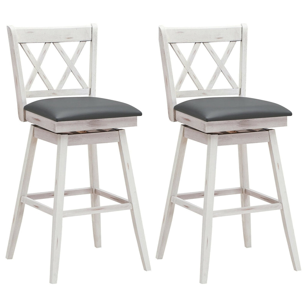 Juego de 2 taburetes de bar giratorios en blanco antiguo con respaldo en X, altura del asiento de 29,5 pulgadas y reposapiés de 12 pulgadas