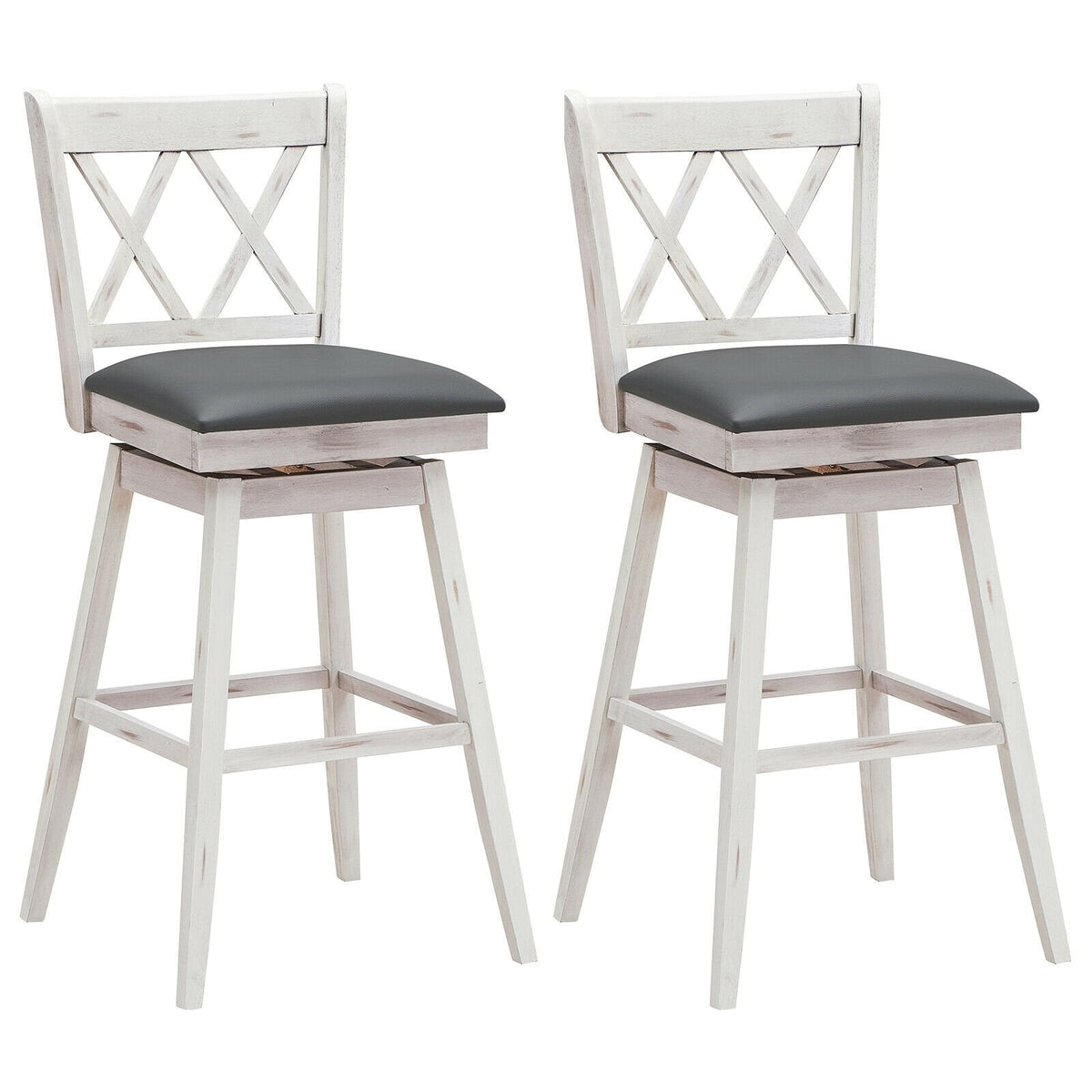 Juego de 2 taburetes de bar giratorios en blanco antiguo con respaldo en X, altura del asiento de 29,5 pulgadas y reposapiés de 12 pulgadas