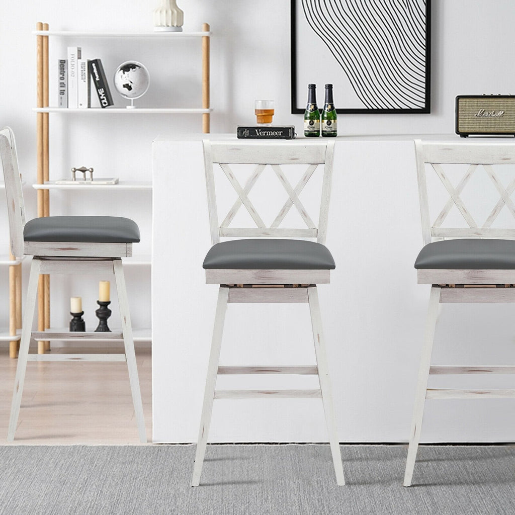 Juego de 2 taburetes de bar giratorios en blanco antiguo con respaldo en X, altura del asiento de 29,5 pulgadas y reposapiés de 12 pulgadas