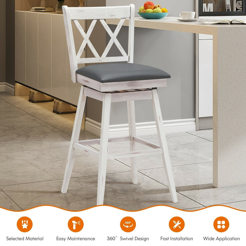 Juego de 2 taburetes de bar giratorios en blanco antiguo con respaldo en X, altura del asiento de 29,5 pulgadas y reposapiés de 12 pulgadas