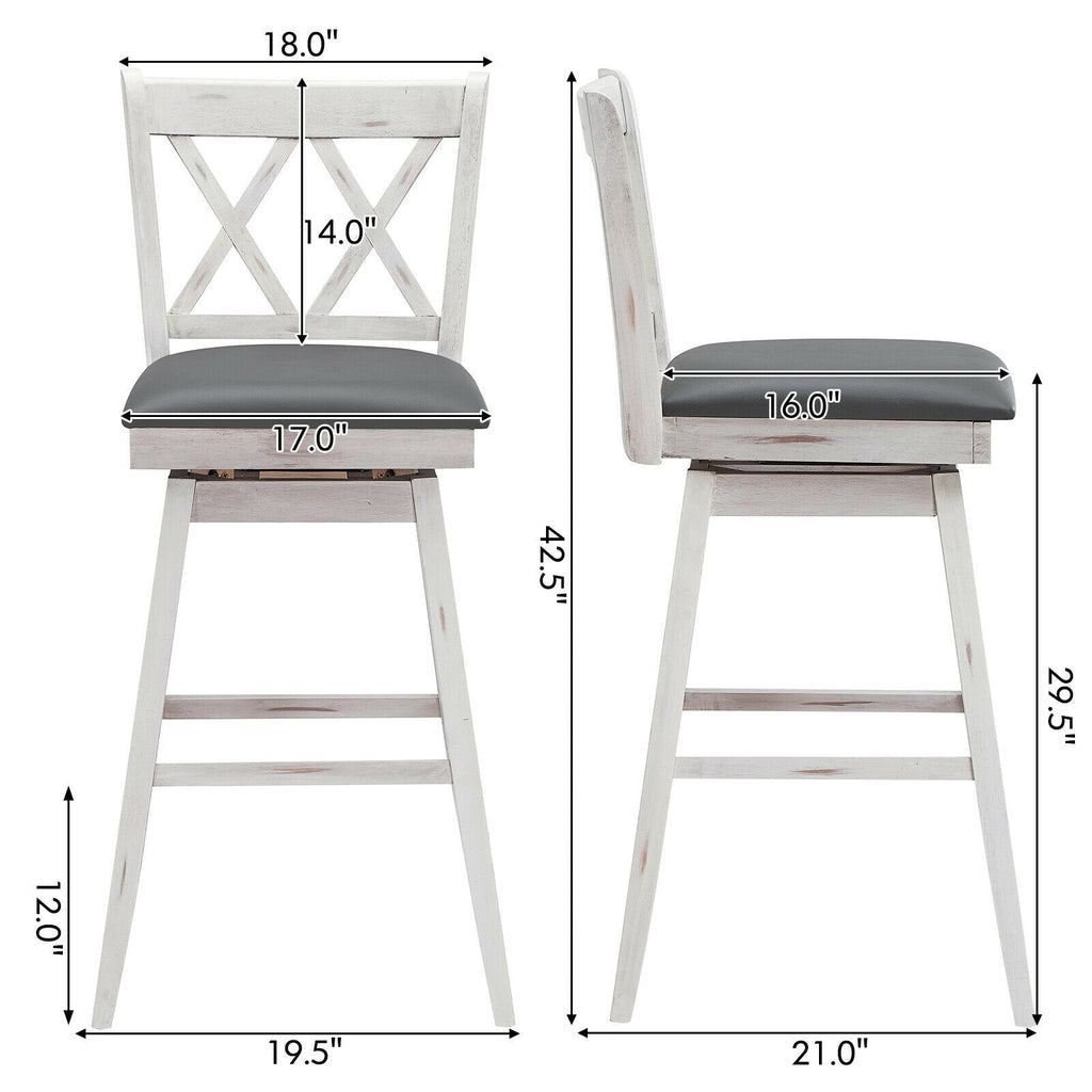 Juego de 2 taburetes de bar giratorios en blanco antiguo con respaldo en X, altura del asiento de 29,5 pulgadas y reposapiés de 12 pulgadas
