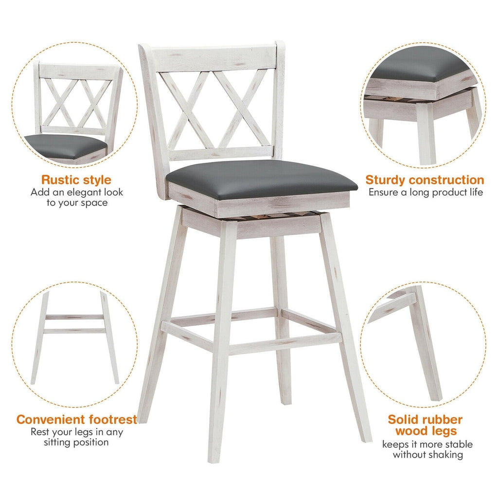 Juego de 2 taburetes de bar giratorios en blanco antiguo con respaldo en X, altura del asiento de 29,5 pulgadas y reposapiés de 12 pulgadas
