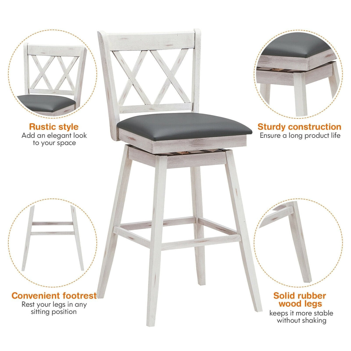 Juego de 2 taburetes de bar giratorios en blanco antiguo con respaldo en X, altura del asiento de 29,5 pulgadas y reposapiés de 12 pulgadas