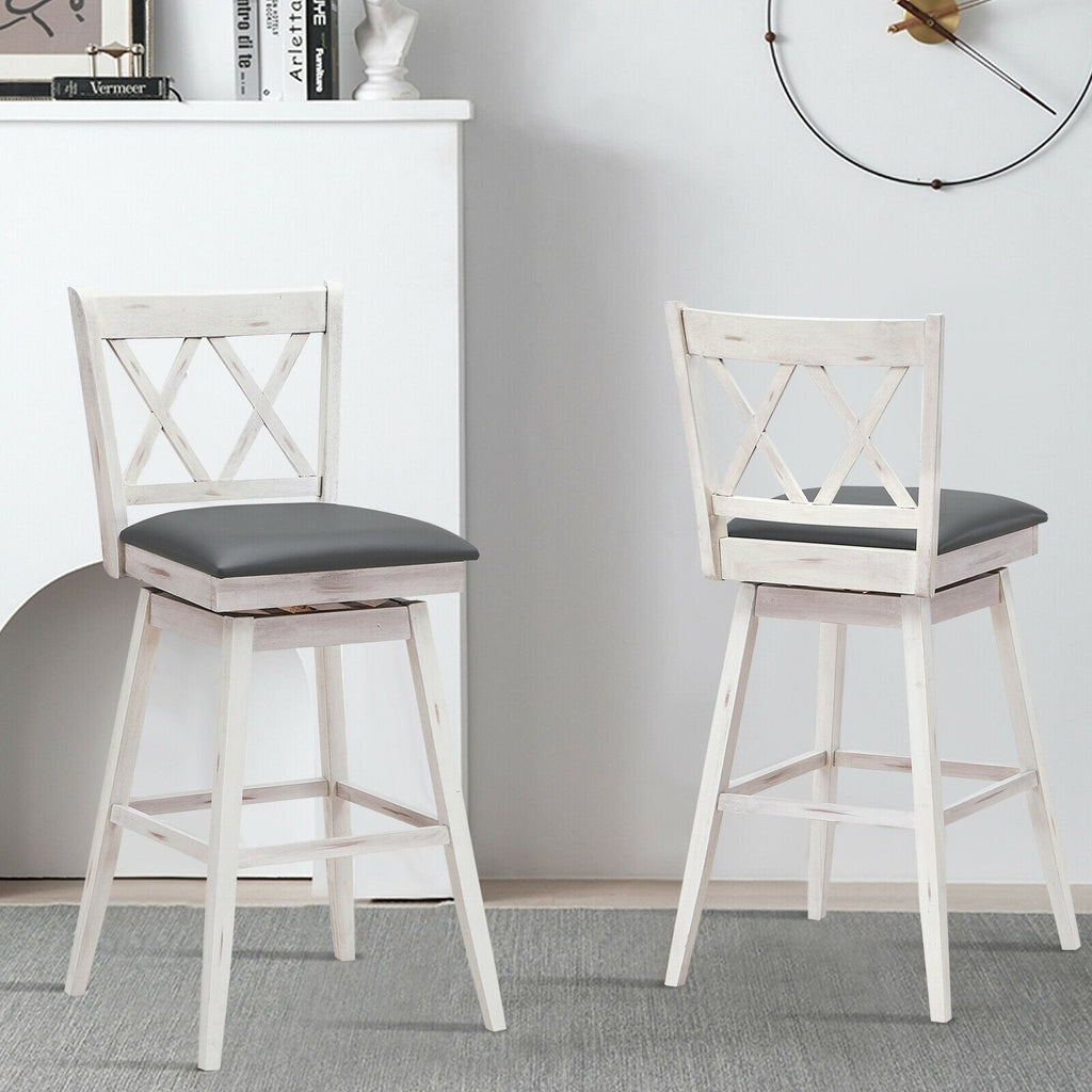 Juego de 2 taburetes de bar giratorios en blanco antiguo con respaldo en X, altura del asiento de 29,5 pulgadas y reposapiés de 12 pulgadas