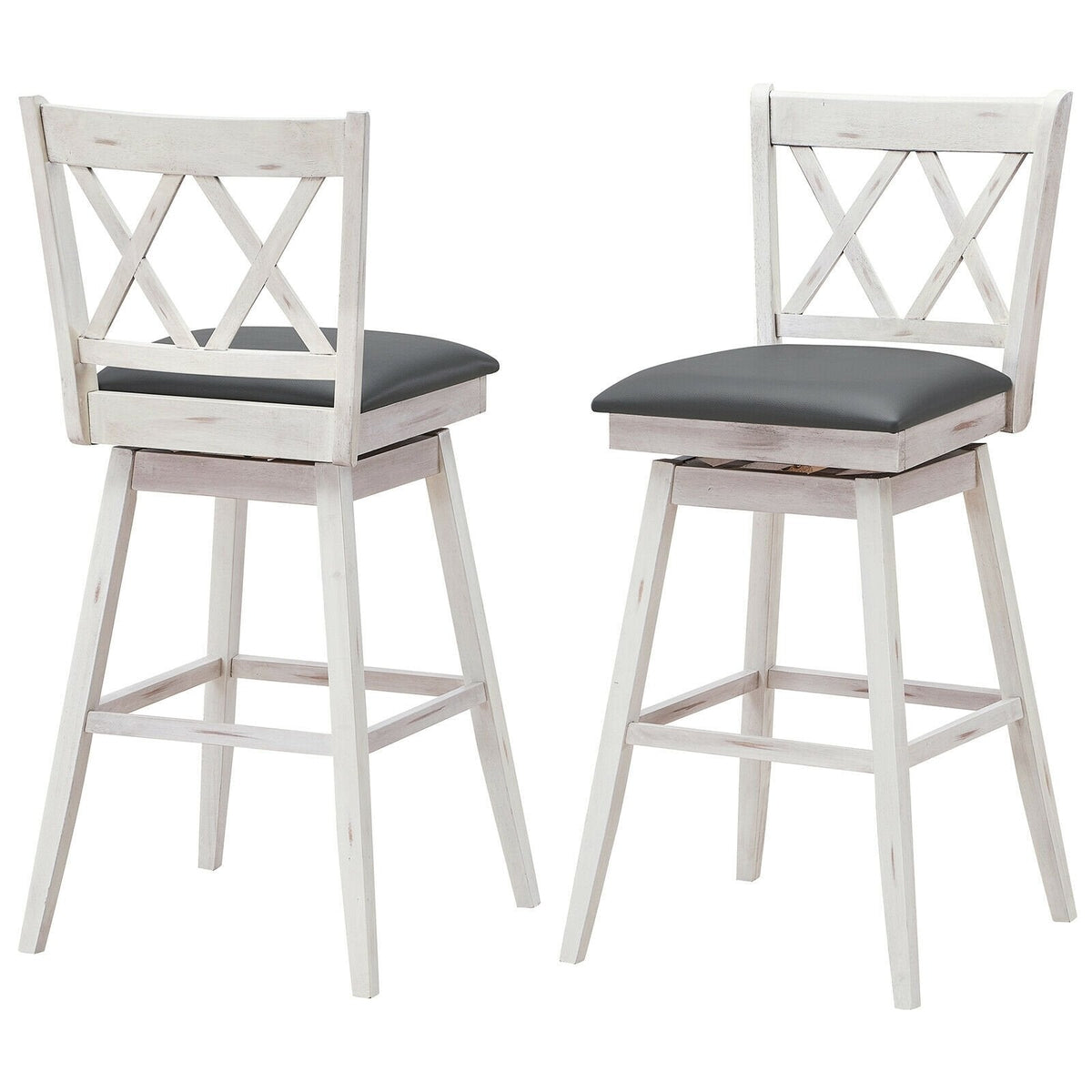 Juego de 2 taburetes de bar giratorios en blanco antiguo con respaldo en X, altura del asiento de 29,5 pulgadas y reposapiés de 12 pulgadas