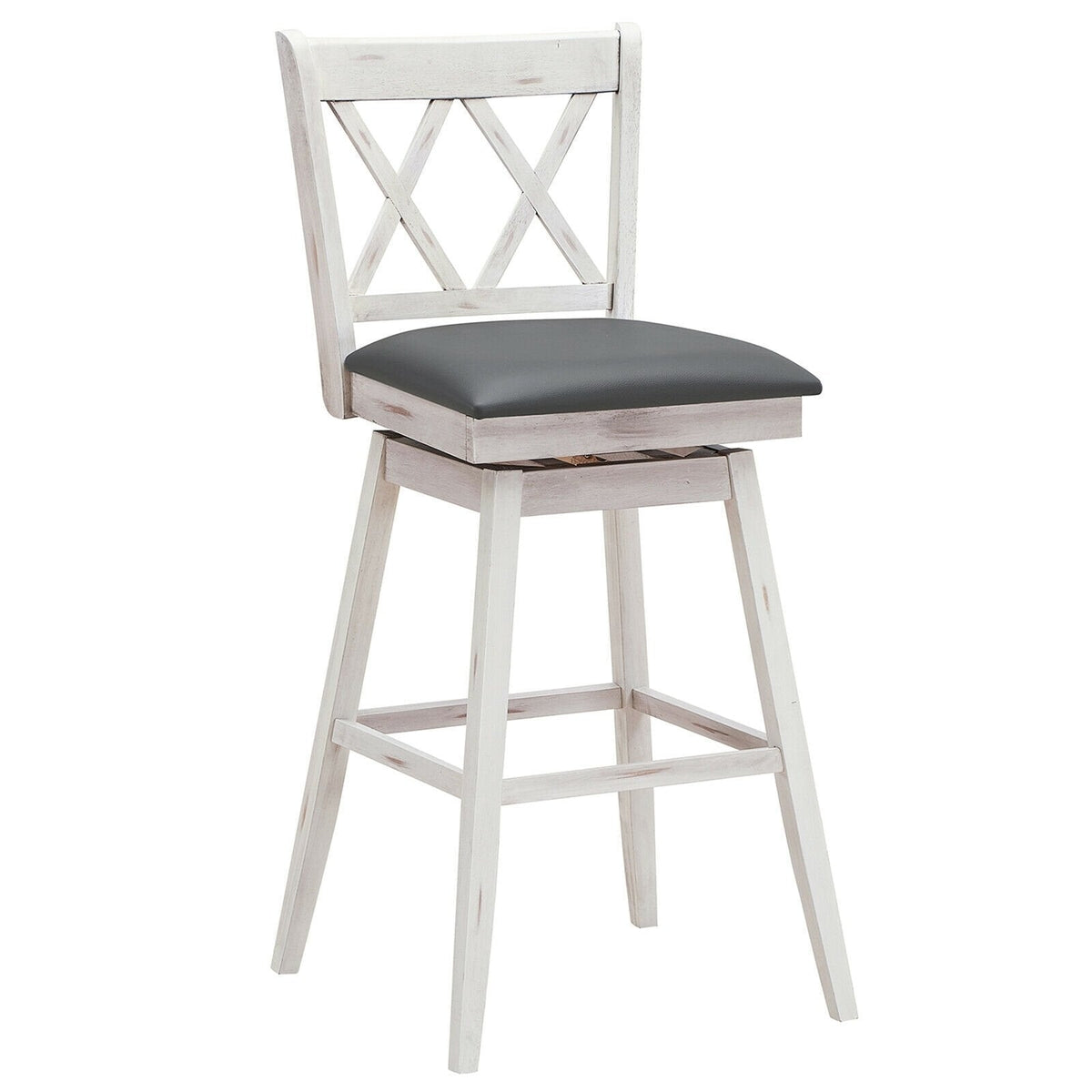 Juego de 2 taburetes de bar giratorios en blanco antiguo con respaldo en X, altura del asiento de 29,5 pulgadas y reposapiés de 12 pulgadas