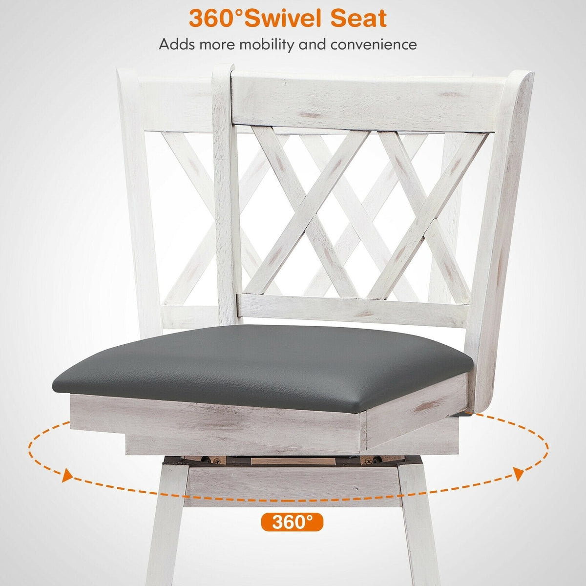 Juego de 2 taburetes de bar giratorios en blanco antiguo con respaldo en X, altura del asiento de 29,5 pulgadas y reposapiés de 12 pulgadas