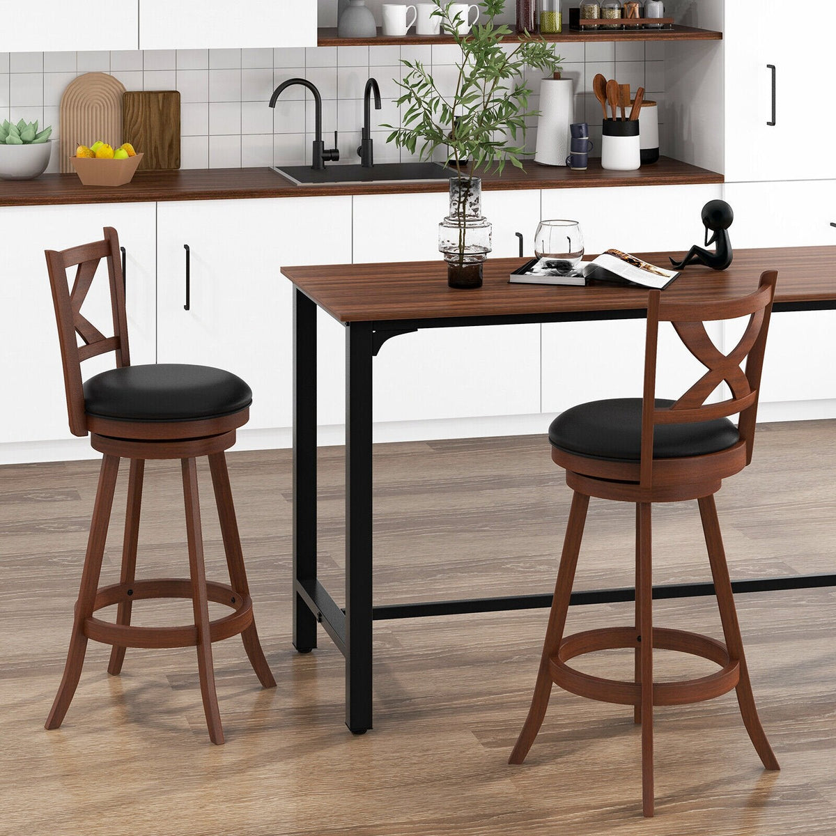 2er-Set klassische drehbare Barhocker mit X-förmiger offener Rückenlehne, Espresso-Holz, 76 cm Sitzhöhe