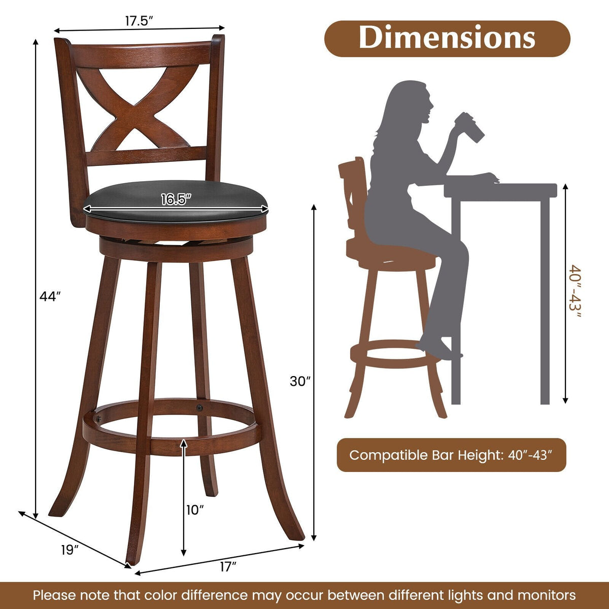 2er-Set klassische drehbare Barhocker mit X-förmiger offener Rückenlehne, Espresso-Holz, 76 cm Sitzhöhe
