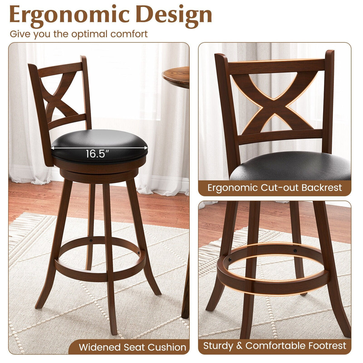 2er-Set klassische drehbare Barhocker mit X-förmiger offener Rückenlehne, Espresso-Holz, 76 cm Sitzhöhe