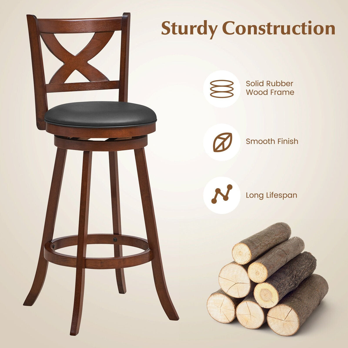 2er-Set klassische drehbare Barhocker mit X-förmiger offener Rückenlehne, Espresso-Holz, 76 cm Sitzhöhe