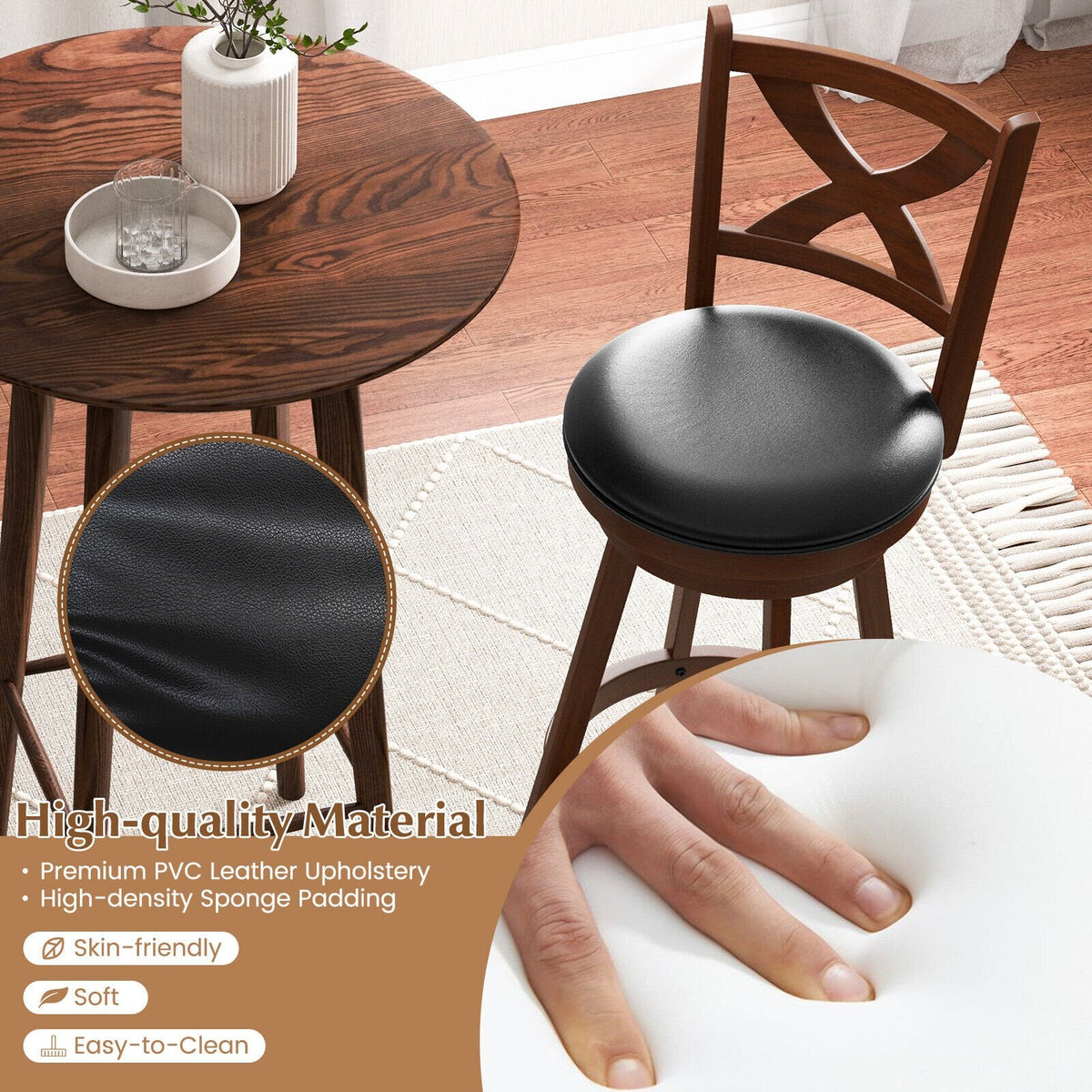 2er-Set klassische drehbare Barhocker mit X-förmiger offener Rückenlehne, Espresso-Holz, 76 cm Sitzhöhe