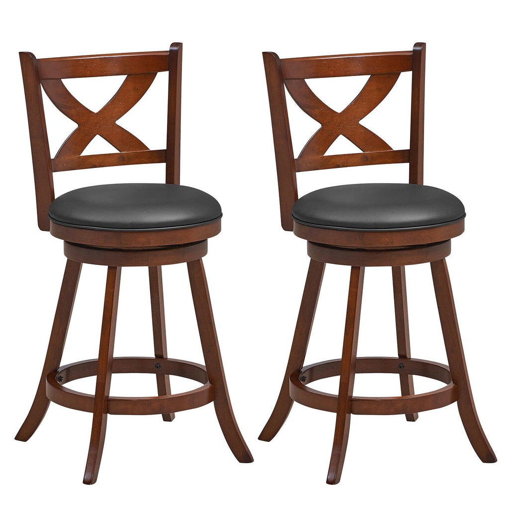 Juego de 2 taburetes giratorios clásicos para mostrador con respaldo abierto en forma de X, madera color espresso, asiento de 24 pulgadas