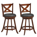 Juego de 2 taburetes giratorios clásicos para mostrador con respaldo abierto en forma de X, madera color espresso, asiento de 24 pulgadas