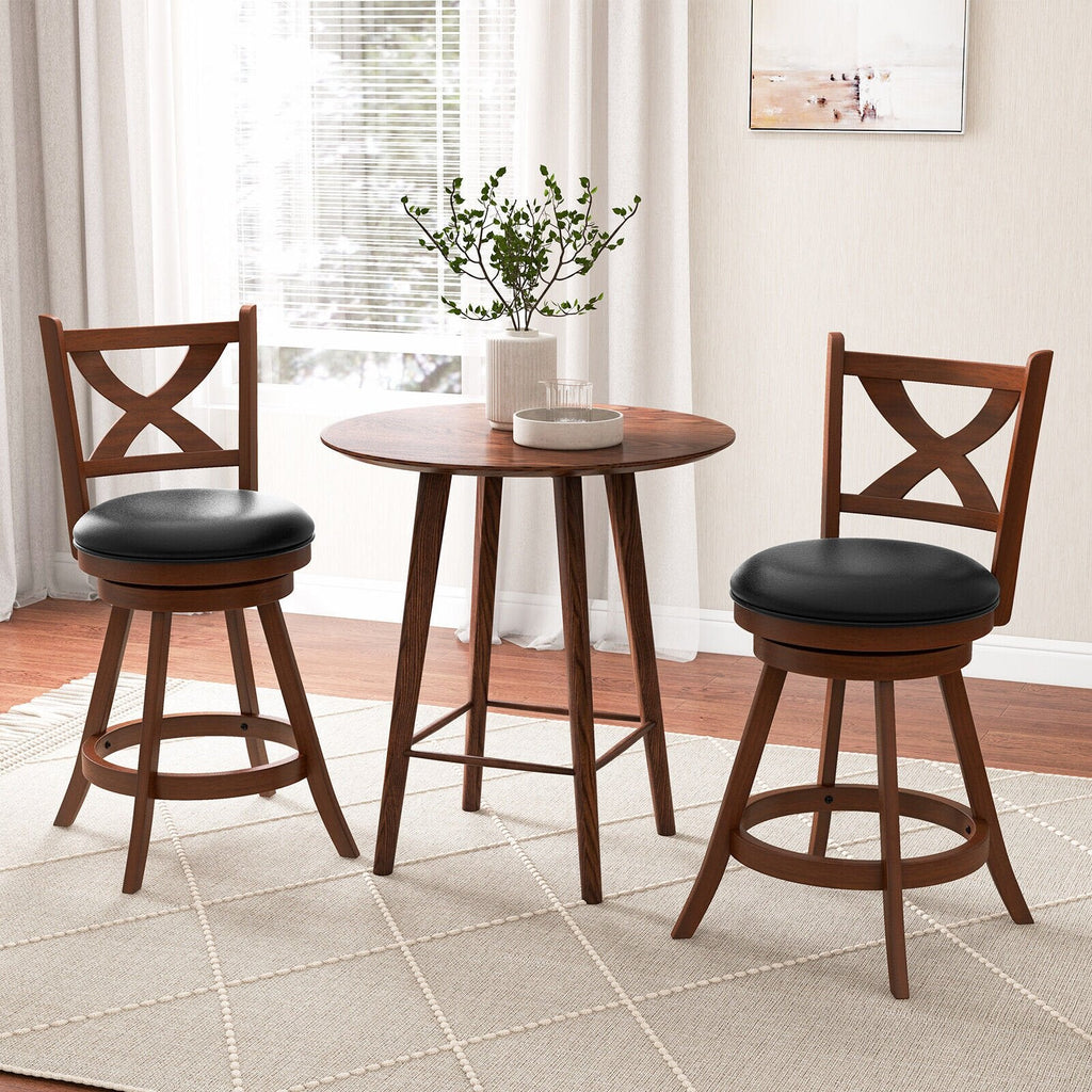 Juego de 2 taburetes giratorios clásicos para mostrador con respaldo abierto en forma de X, madera color espresso, asiento de 24 pulgadas
