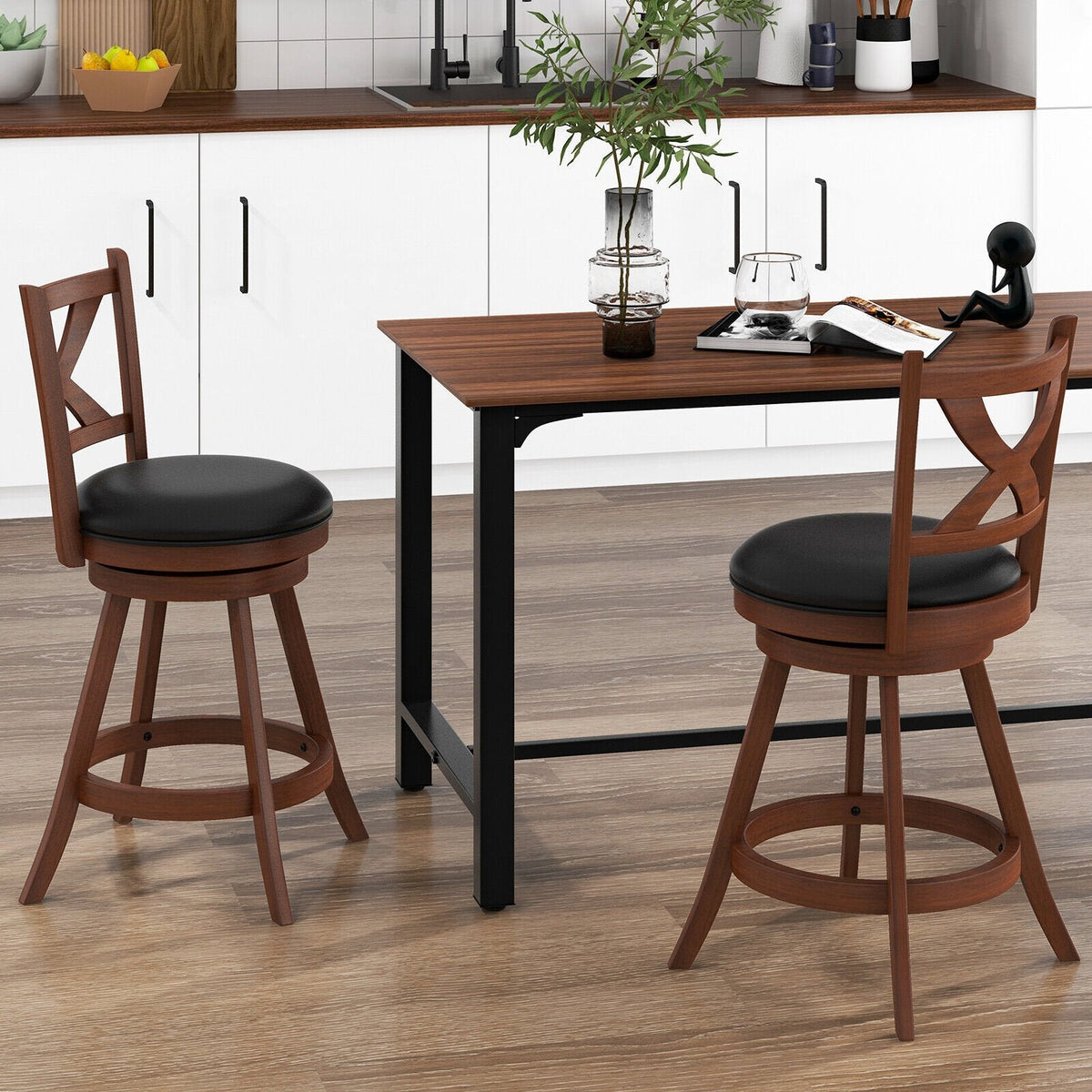 Juego de 2 taburetes giratorios clásicos para mostrador con respaldo abierto en forma de X, madera color espresso, asiento de 24 pulgadas