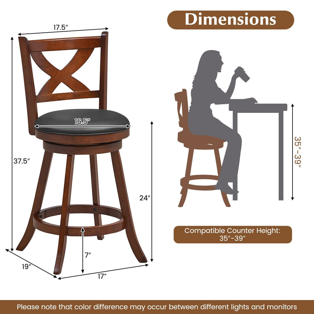 Juego de 2 taburetes giratorios clásicos para mostrador con respaldo abierto en forma de X, madera color espresso, asiento de 24 pulgadas