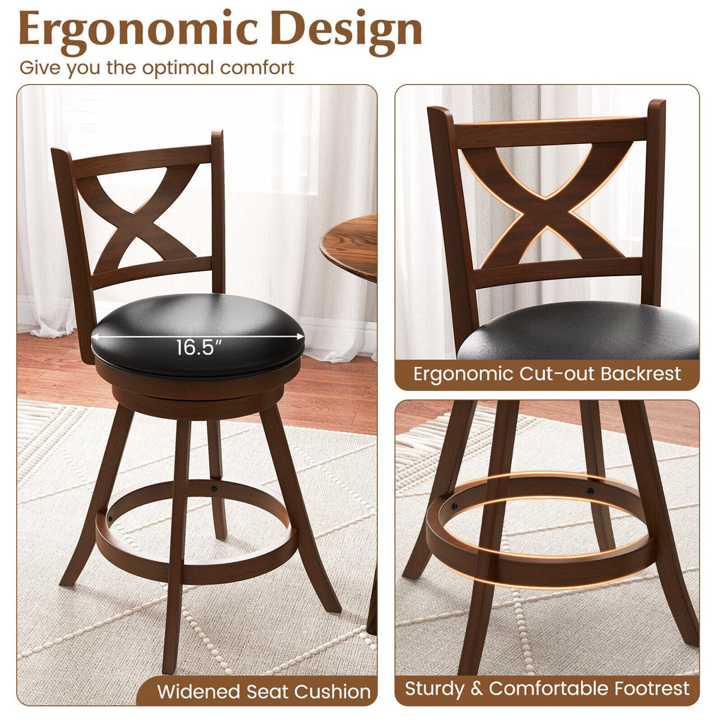 Juego de 2 taburetes giratorios clásicos para mostrador con respaldo abierto en forma de X, madera color espresso, asiento de 24 pulgadas