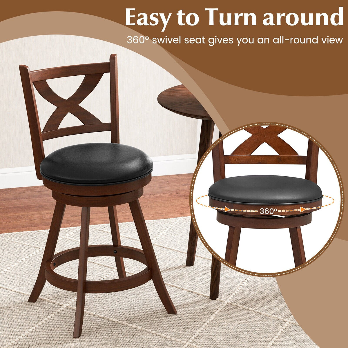 Juego de 2 taburetes giratorios clásicos para mostrador con respaldo abierto en forma de X, madera color espresso, asiento de 24 pulgadas