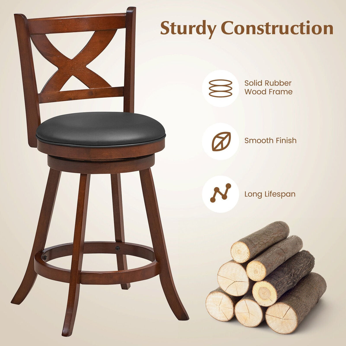 Juego de 2 taburetes giratorios clásicos para mostrador con respaldo abierto en forma de X, madera color espresso, asiento de 24 pulgadas