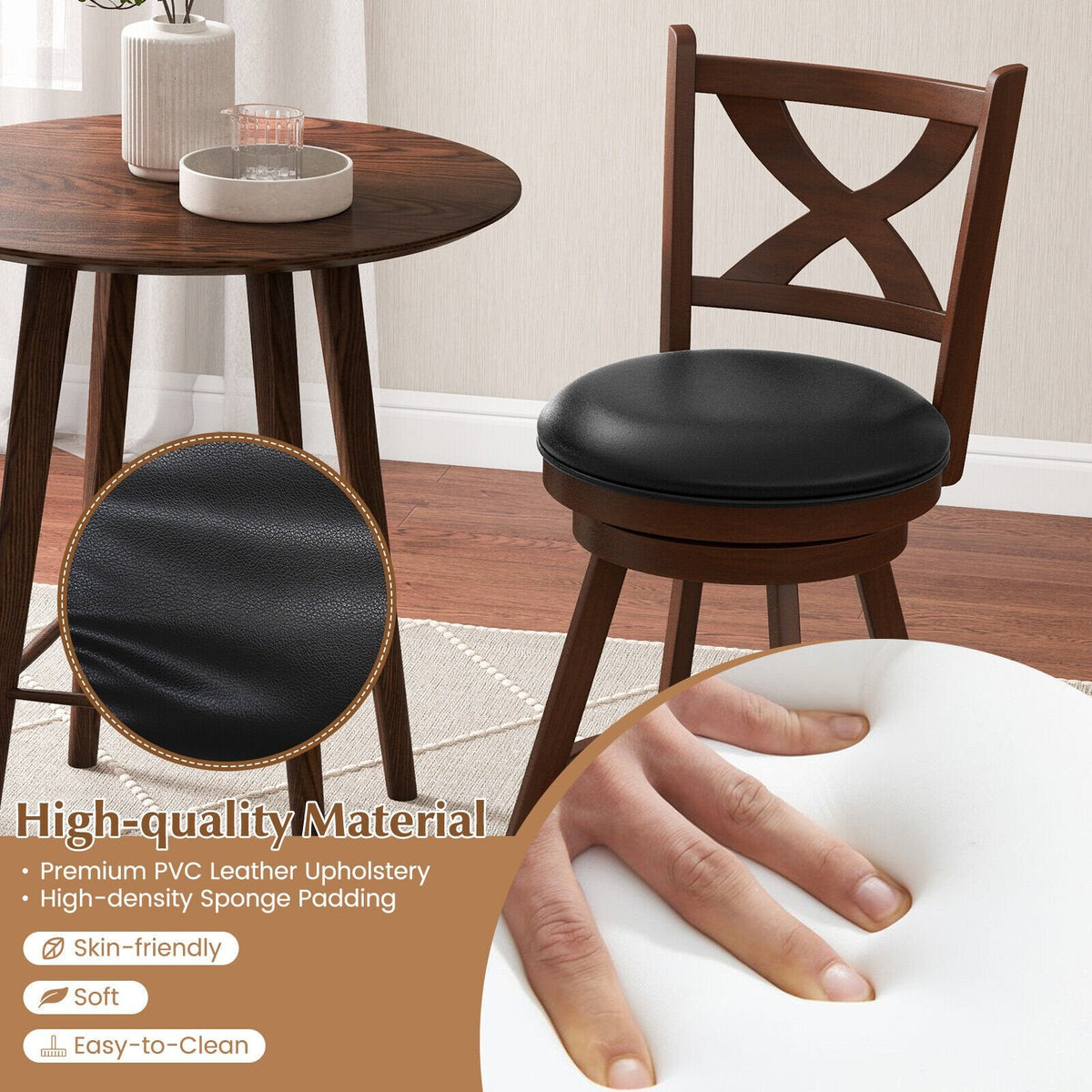 Juego de 2 taburetes giratorios clásicos para mostrador con respaldo abierto en forma de X, madera color espresso, asiento de 24 pulgadas