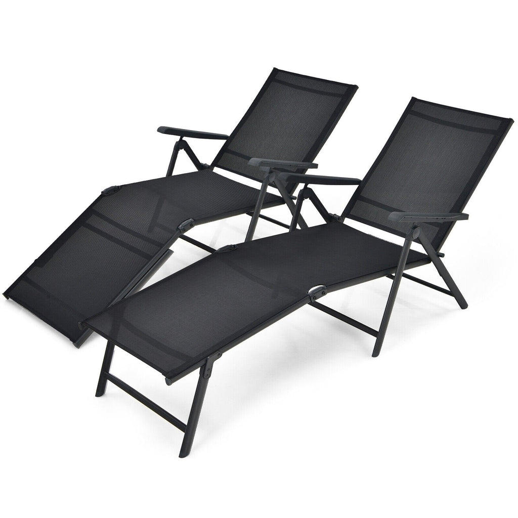 Set of 2 Folding Sling Chaise Lounges with 2 Position Footrests, Black