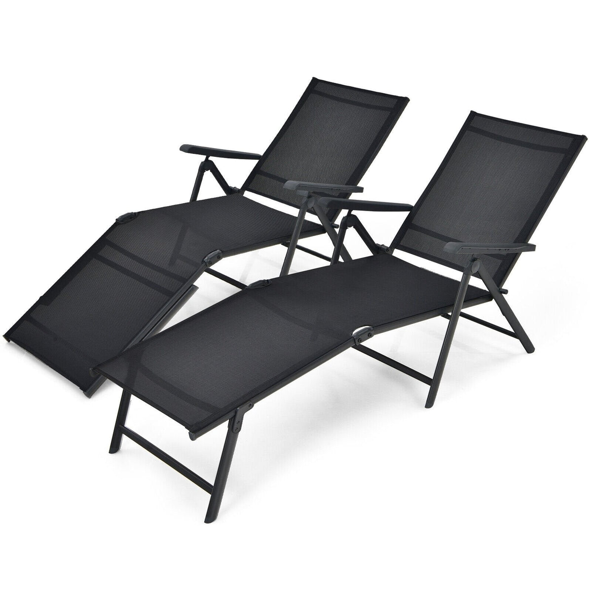 Set of 2 Folding Sling Chaise Lounges with 2 Position Footrests, Black