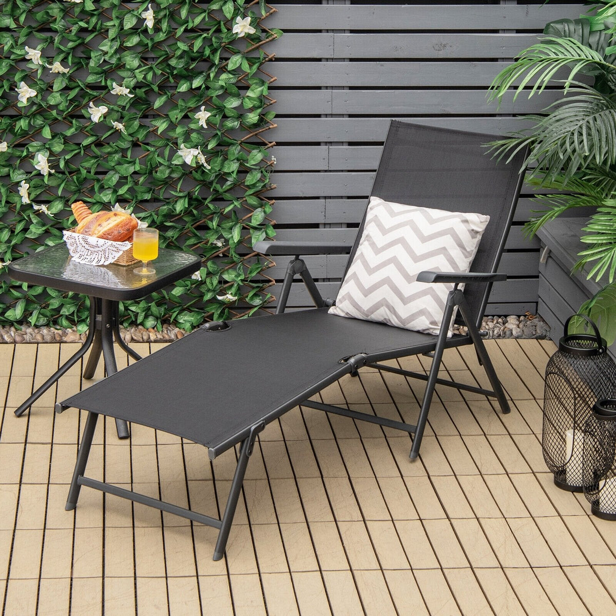 Set of 2 Folding Sling Chaise Lounges with 2 Position Footrests, Black