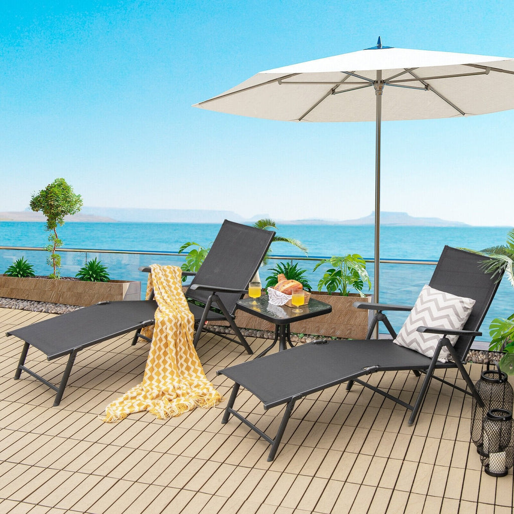 Set of 2 Folding Sling Chaise Lounges with 2 Position Footrests, Black
