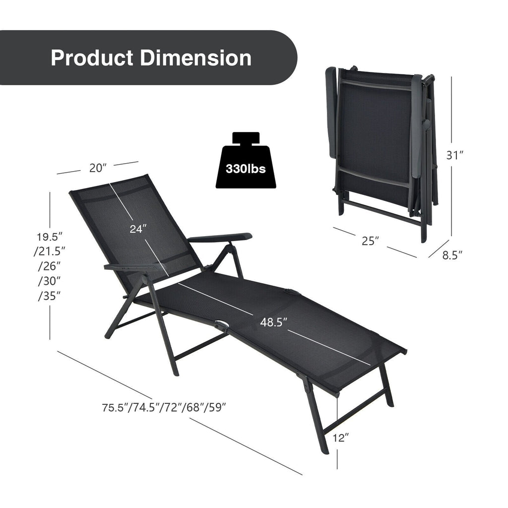 Set of 2 Folding Sling Chaise Lounges with 2 Position Footrests, Black