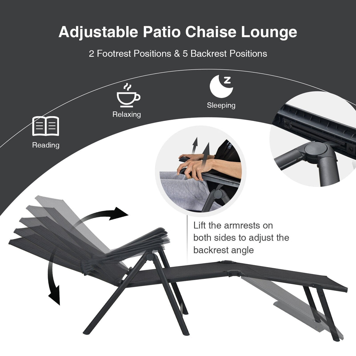 Set of 2 Folding Sling Chaise Lounges with 2 Position Footrests, Black