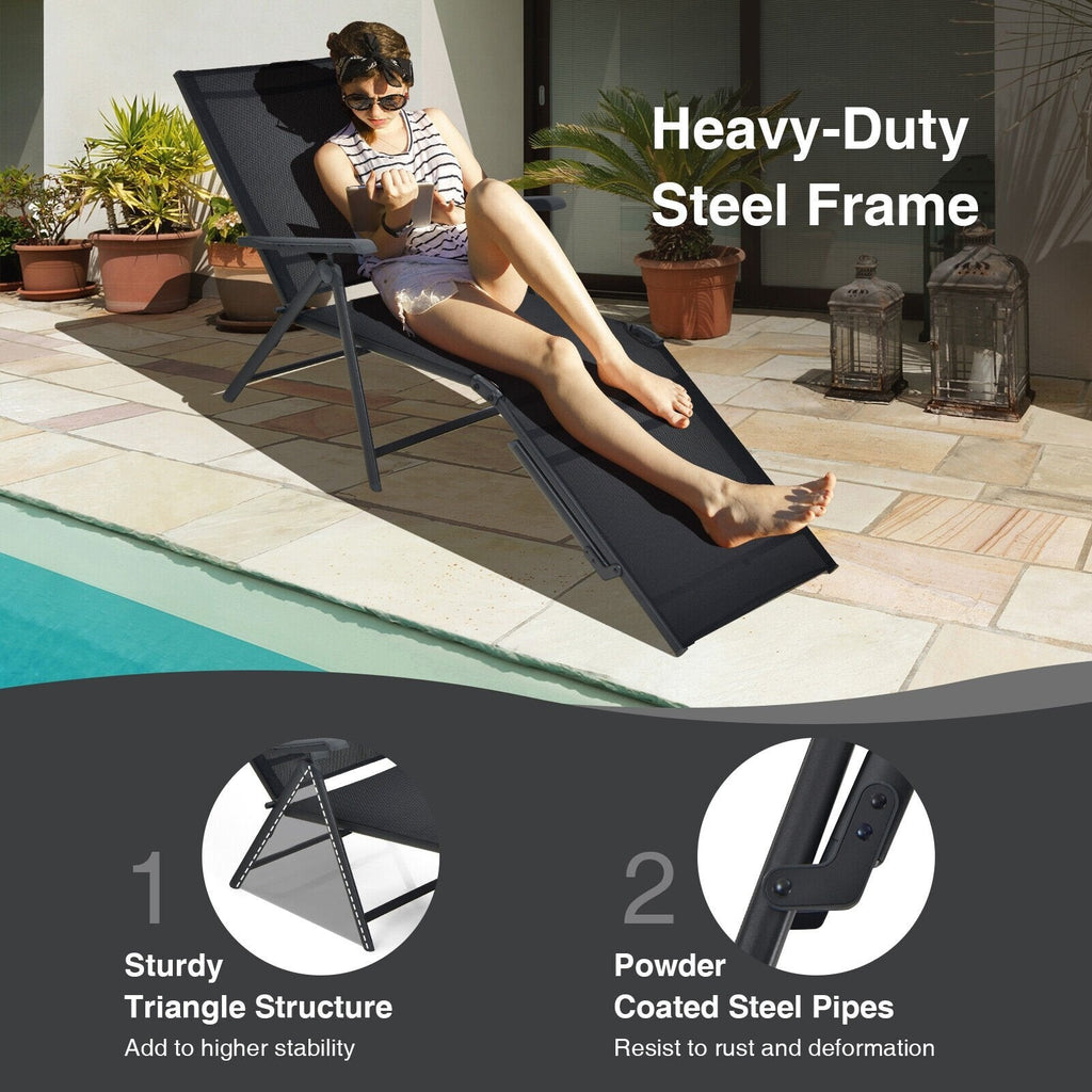 Set of 2 Folding Sling Chaise Lounges with 2 Position Footrests, Black
