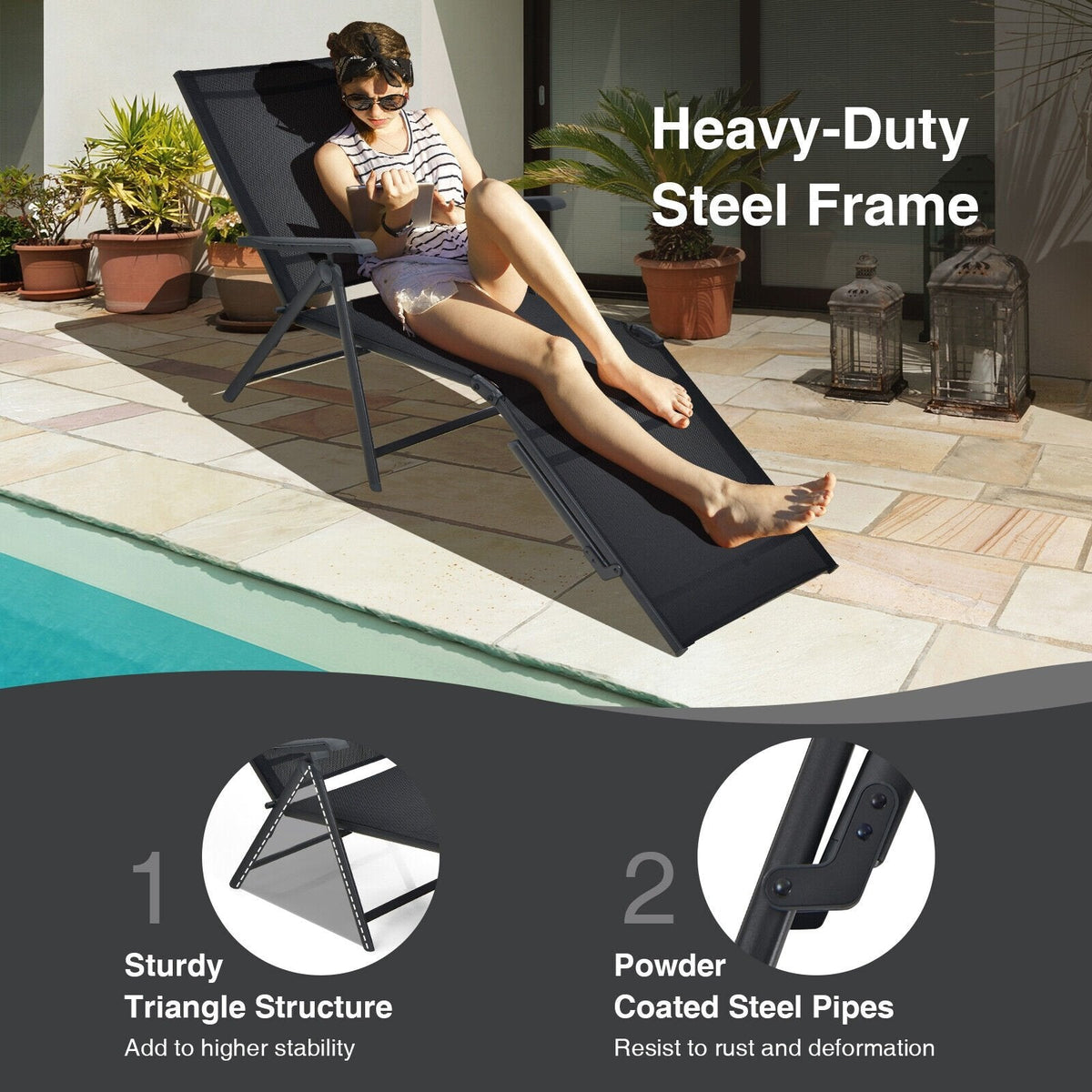 Set of 2 Folding Sling Chaise Lounges with 2 Position Footrests, Black