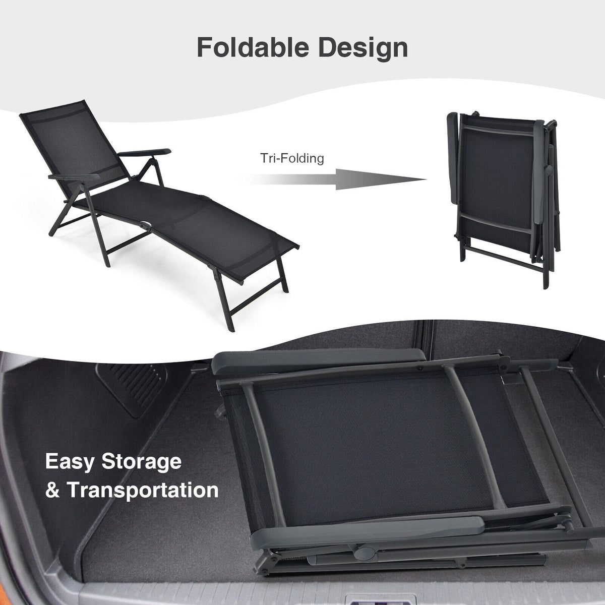 Set of 2 Folding Sling Chaise Lounges with 2 Position Footrests, Black