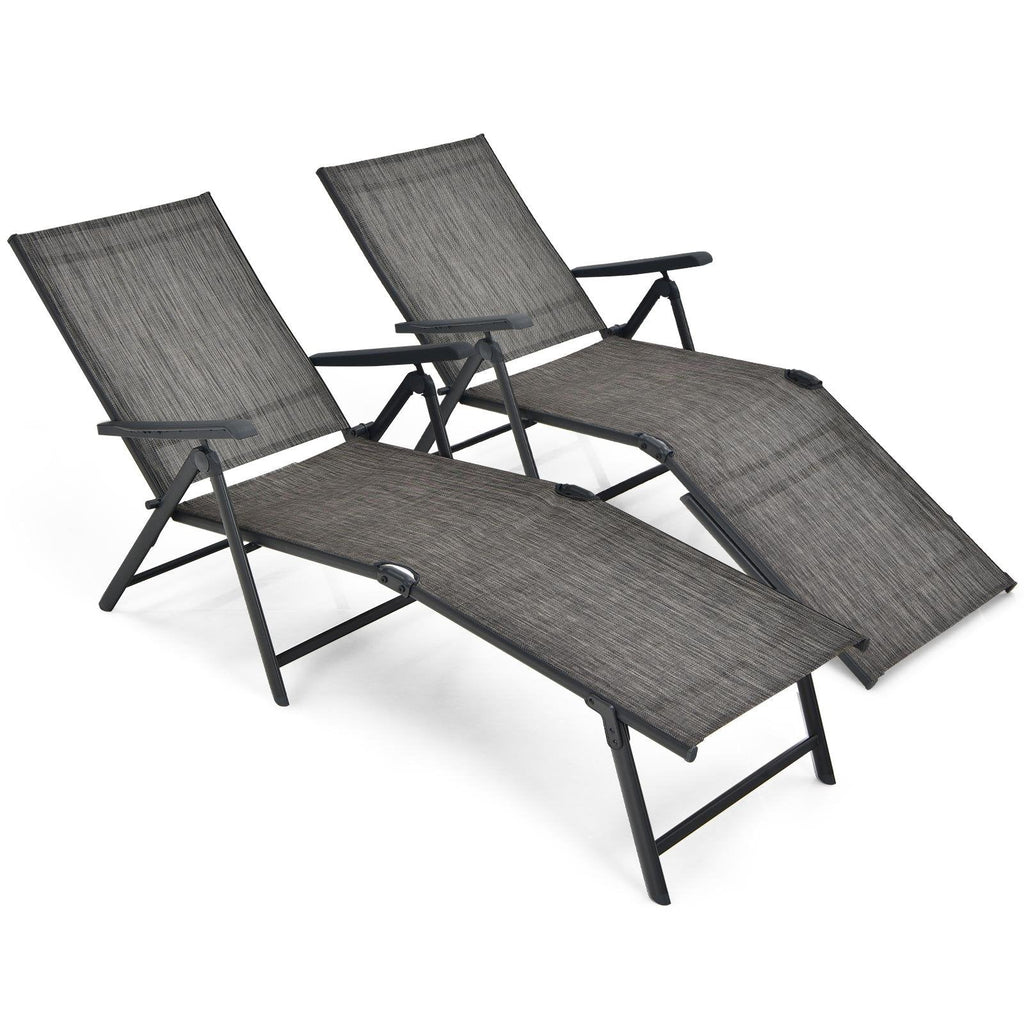 Set aus 2 klappbaren Sling-Sonnenliegen mit dreifach klappbaren Rahmen, Grau