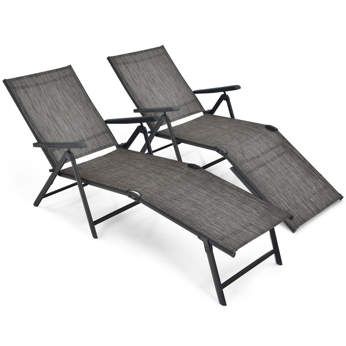 Set aus 2 klappbaren Sling-Sonnenliegen mit dreifach klappbaren Rahmen, Grau