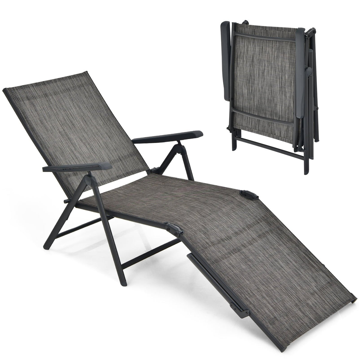 Set aus 2 klappbaren Sling-Sonnenliegen mit dreifach klappbaren Rahmen, Grau