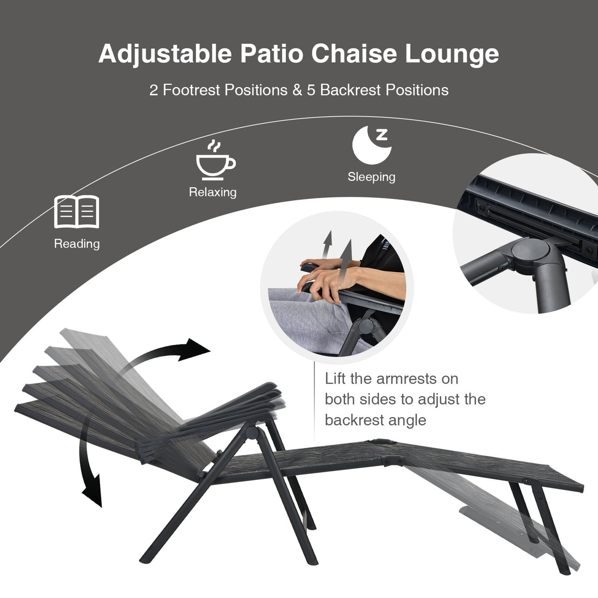 Set aus 2 klappbaren Sling-Sonnenliegen mit dreifach klappbaren Rahmen, Grau
