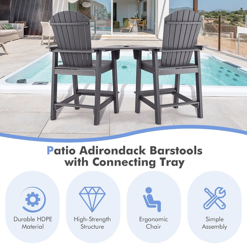2 chaises hautes de jardin Adirondack en PEHD avec plateau central de connexion - Gris