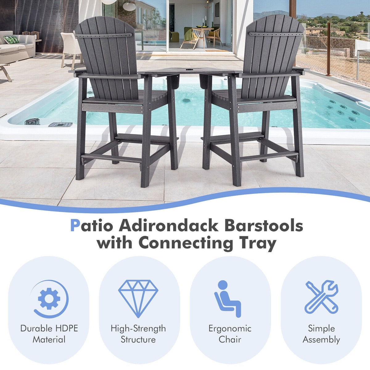 2 chaises hautes de jardin Adirondack en PEHD avec plateau central de connexion - Gris