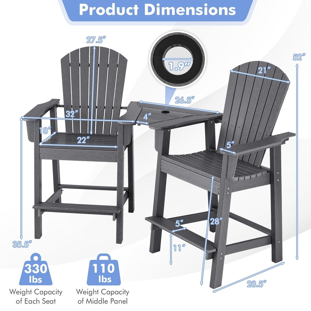 2 chaises hautes de jardin Adirondack en PEHD avec plateau central de connexion - Gris