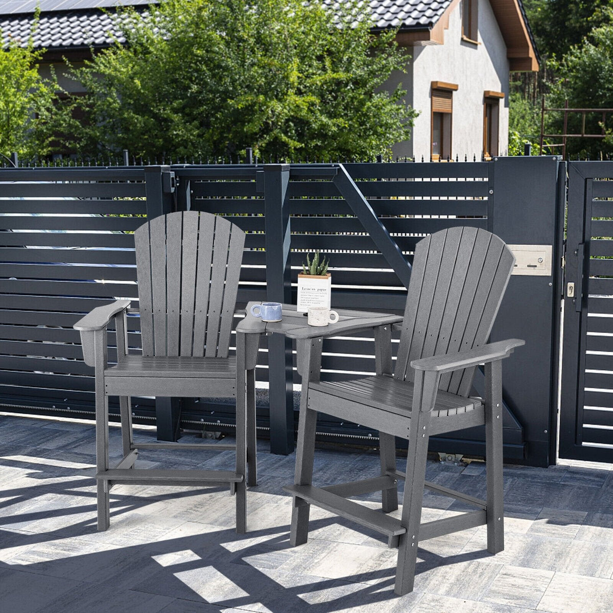 2 chaises hautes de jardin Adirondack en PEHD avec plateau central de connexion - Gris